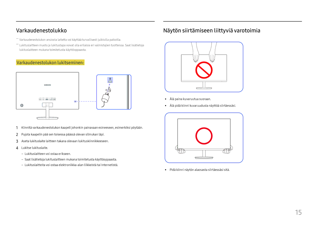 Samsung LC27F581FDUXEN manual Varkaudenestolukko, Näytön siirtämiseen liittyviä varotoimia 