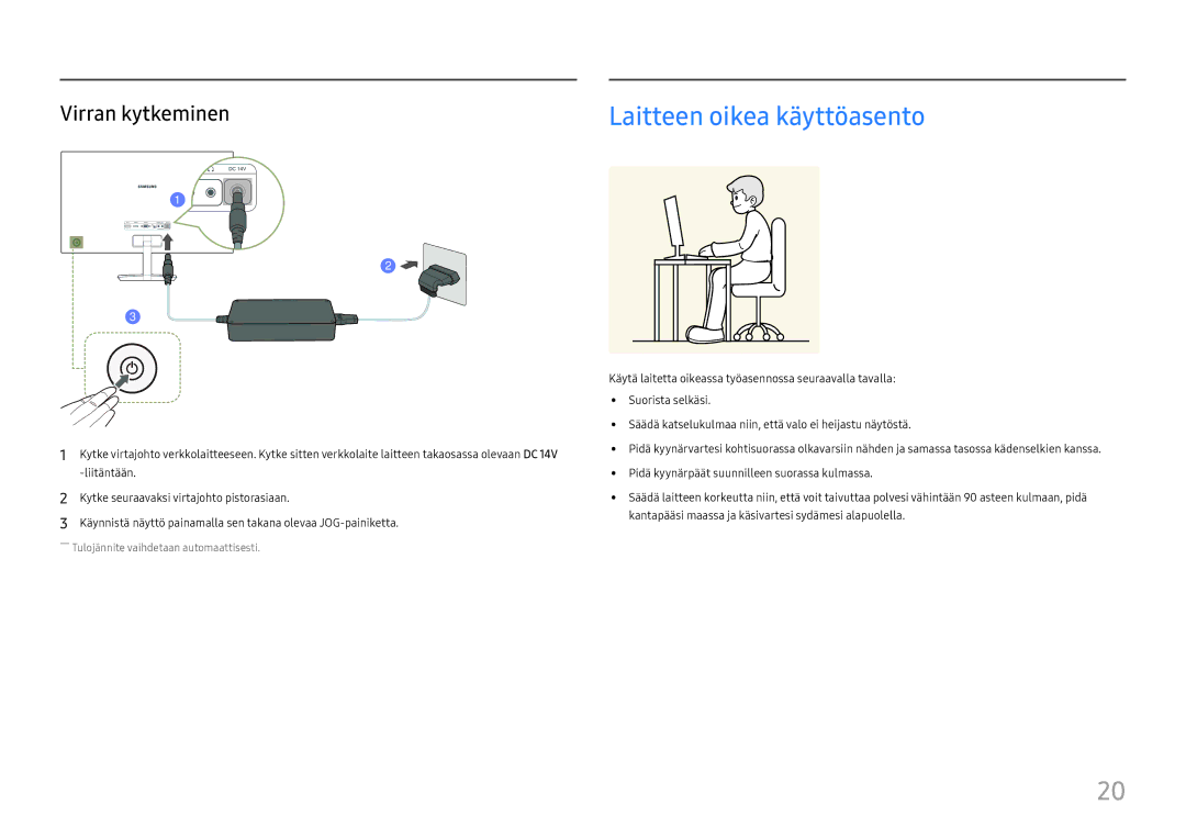 Samsung LC27F581FDUXEN manual Laitteen oikea käyttöasento, Virran kytkeminen 