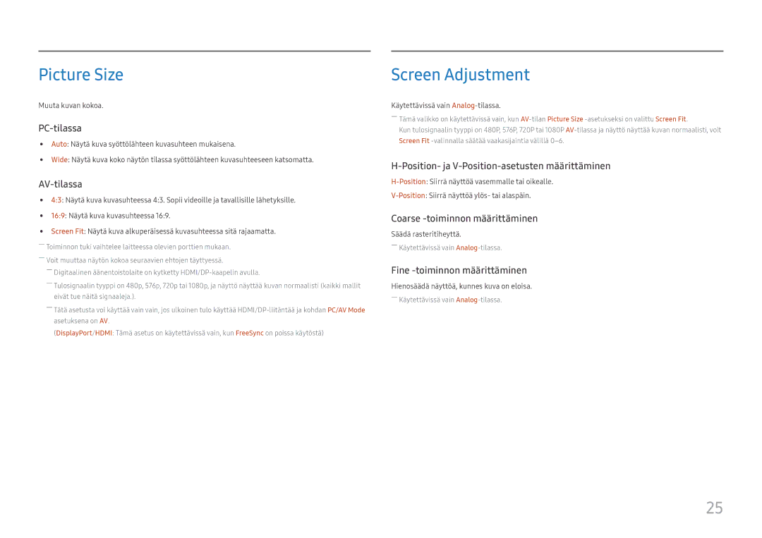 Samsung LC27F581FDUXEN manual Picture Size, Screen Adjustment 