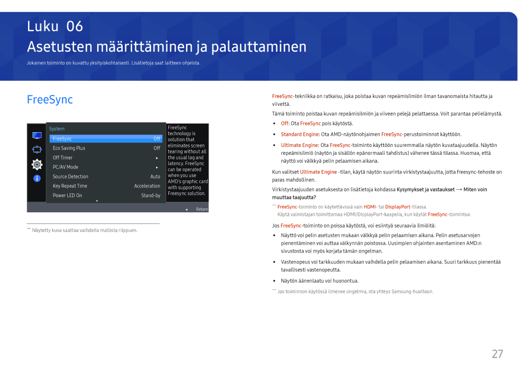 Samsung LC27F581FDUXEN manual Asetusten määrittäminen ja palauttaminen, FreeSync 