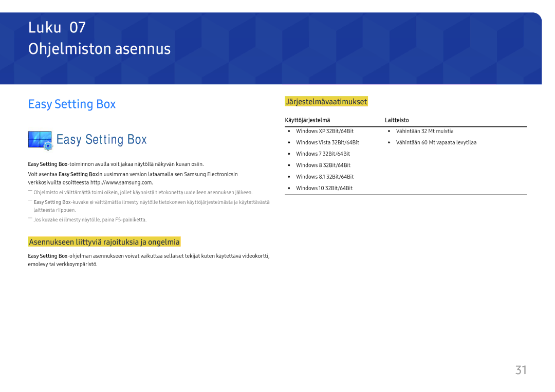 Samsung LC27F581FDUXEN manual Ohjelmiston asennus, Easy Setting Box, Käyttöjärjestelmä Laitteisto 