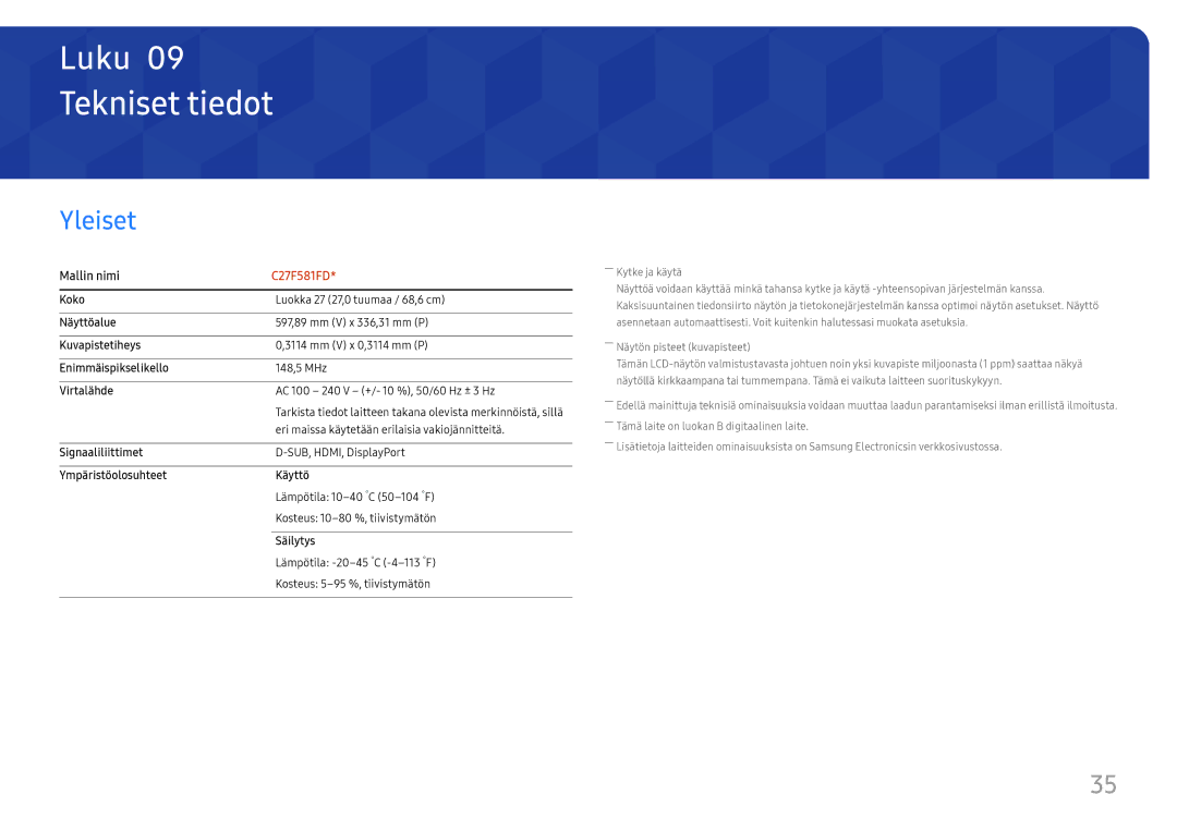 Samsung LC27F581FDUXEN manual Tekniset tiedot, Yleiset, Mallin nimi 