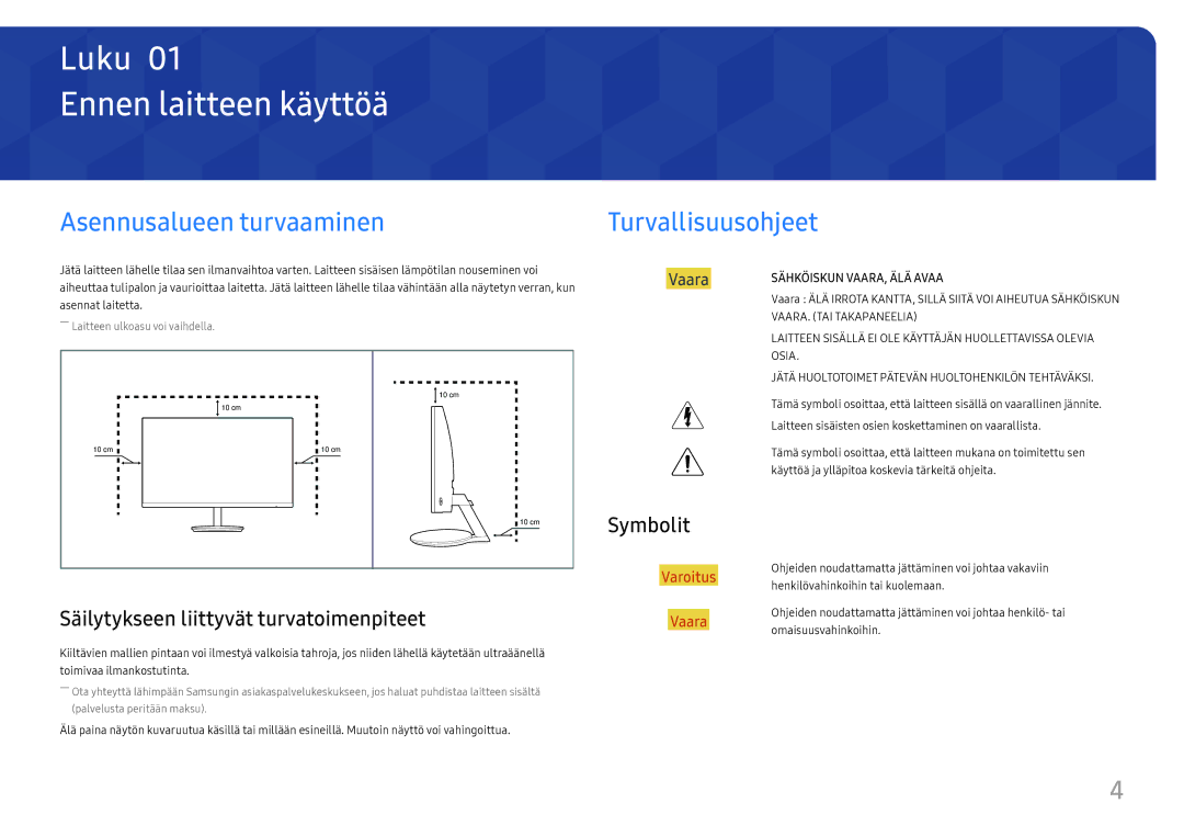 Samsung LC27F581FDUXEN manual Ennen laitteen käyttöä, Asennusalueen turvaaminen, Turvallisuusohjeet, Symbolit 