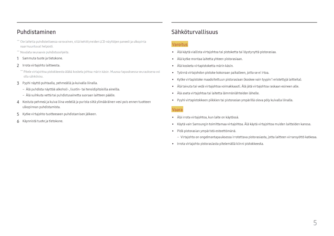 Samsung LC27F581FDUXEN manual Puhdistaminen, Sähköturvallisuus 