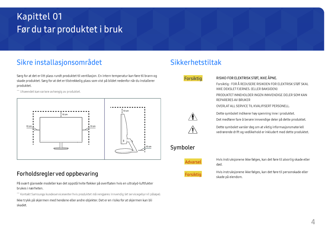 Samsung LC27F581FDUXEN manual Før du tar produktet i bruk, Sikre installasjonsområdet, Sikkerhetstiltak, Symboler 