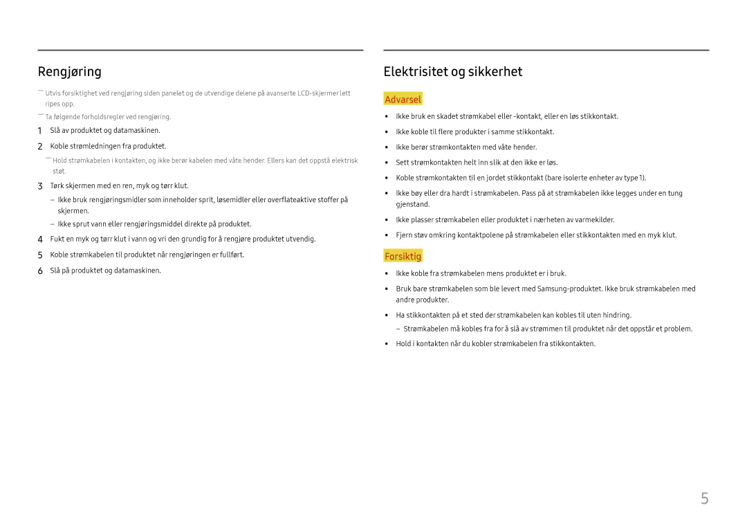 Samsung LC27F581FDUXEN manual Rengjøring, Elektrisitet og sikkerhet 