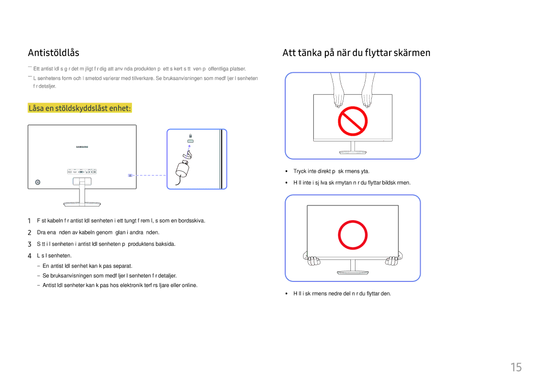 Samsung LC27F581FDUXEN manual Antistöldlås, Att tänka på när du flyttar skärmen 