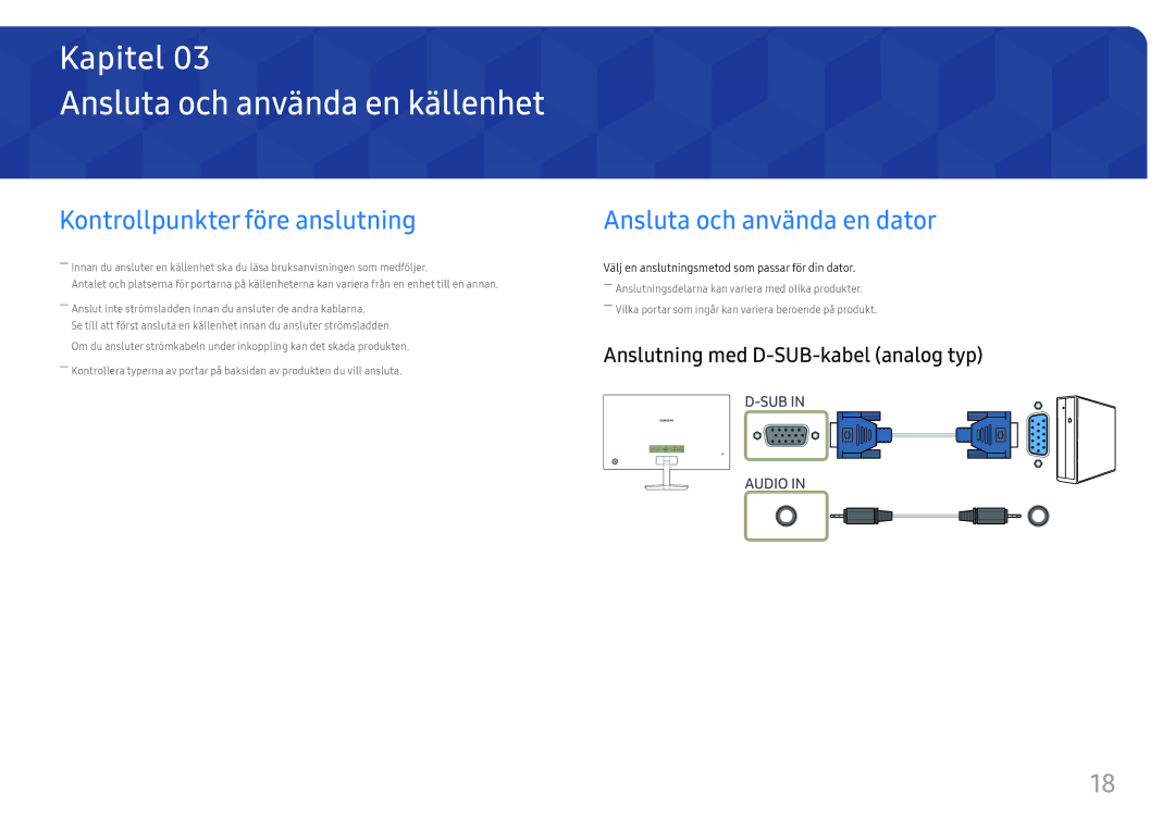 Samsung LC27F581FDUXEN Ansluta och använda en källenhet, Kontrollpunkter före anslutning, Ansluta och använda en dator 