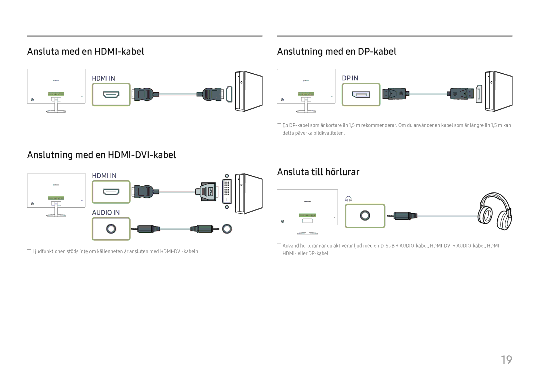 Samsung LC27F581FDUXEN manual Ansluta med en HDMI-kabel, Anslutning med en HDMI-DVI-kabel, Anslutning med en DP-kabel 