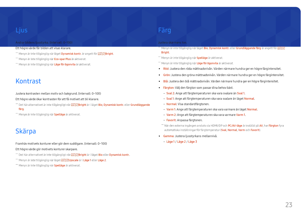 Samsung LC27F581FDUXEN manual Ljus, Kontrast, Skärpa, Färg 