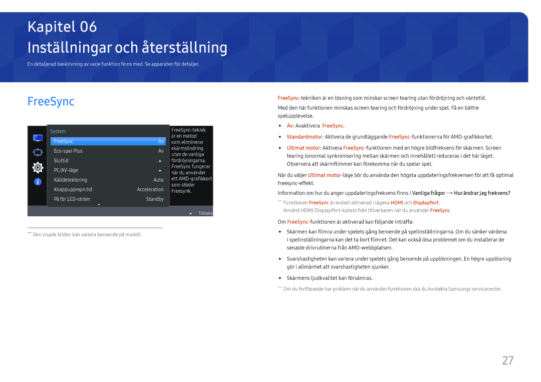 Samsung LC27F581FDUXEN manual Inställningar och återställning, FreeSync 