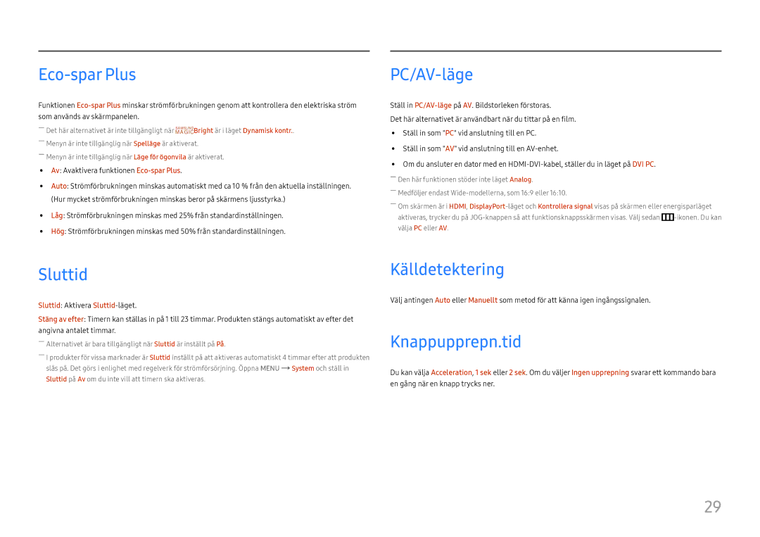 Samsung LC27F581FDUXEN manual Eco-spar Plus, PC/AV-läge, Sluttid, Källdetektering, Knappupprepn.tid 