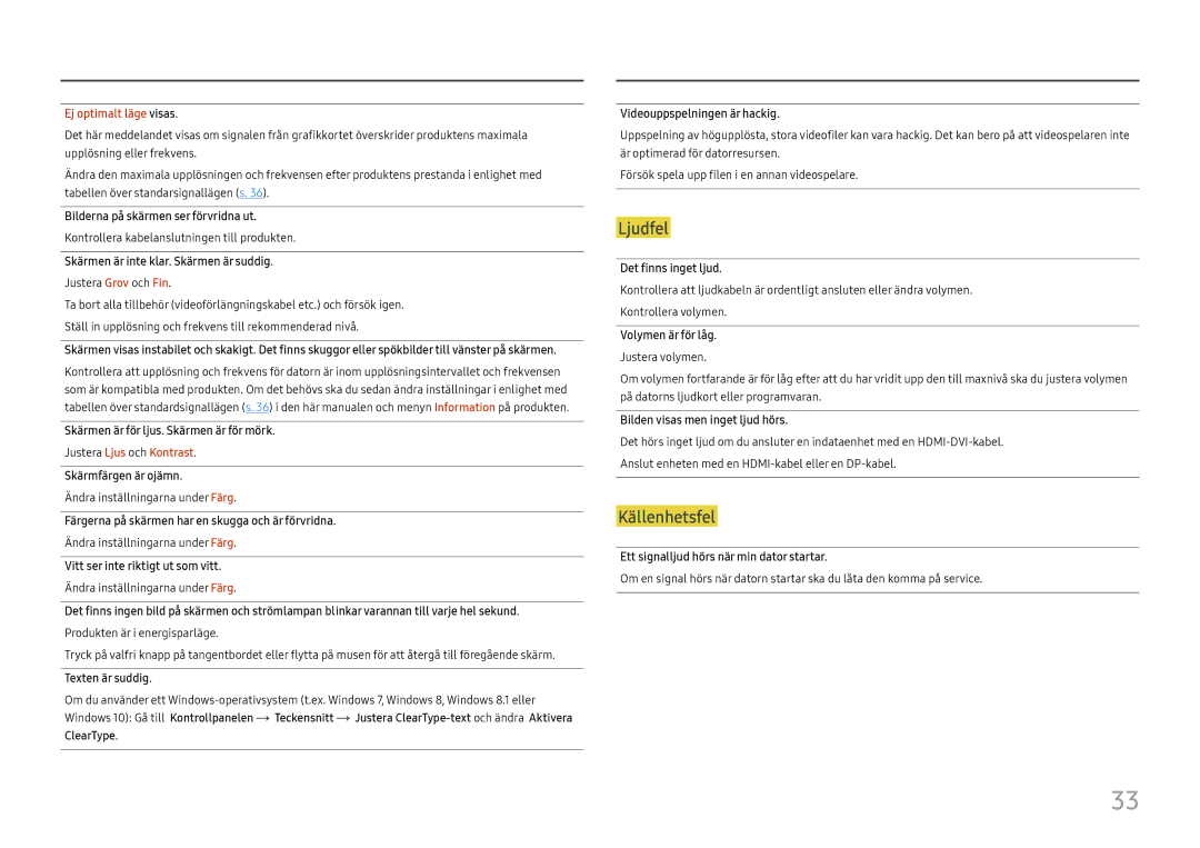 Samsung LC27F581FDUXEN manual Ljudfel 