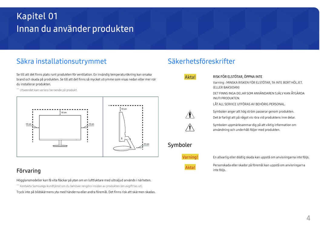 Samsung LC27F581FDUXEN manual Innan du använder produkten, Säkra installationsutrymmet, Säkerhetsföreskrifter, Förvaring 