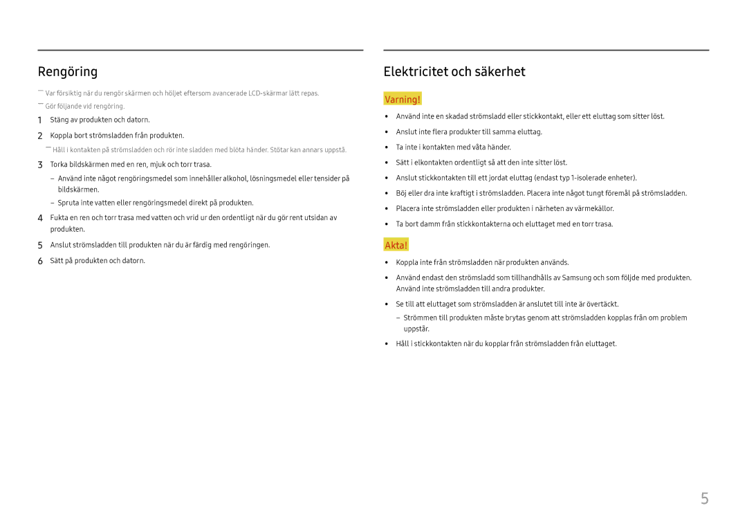 Samsung LC27F581FDUXEN manual Rengöring, Elektricitet och säkerhet 