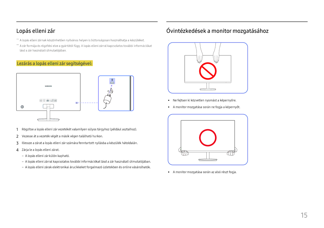 Samsung LC27F581FDUXEN manual Lopás elleni zár, Óvintézkedések a monitor mozgatásához 