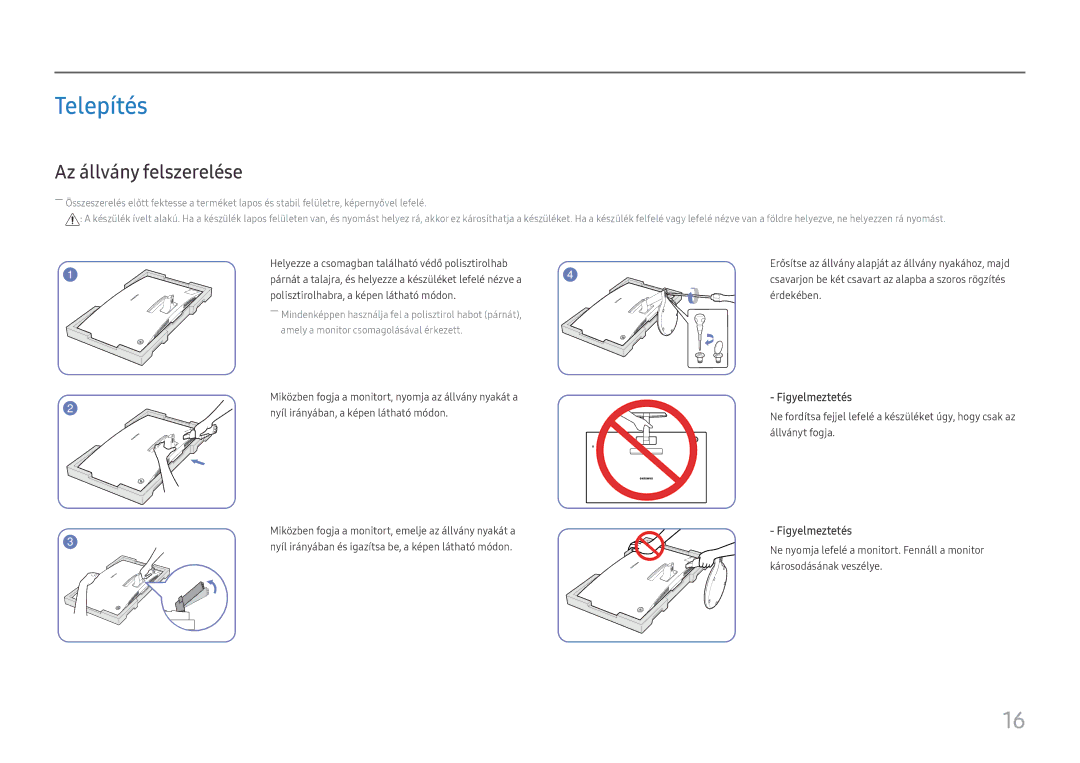 Samsung LC27F581FDUXEN manual Telepítés, Az állvány felszerelése 