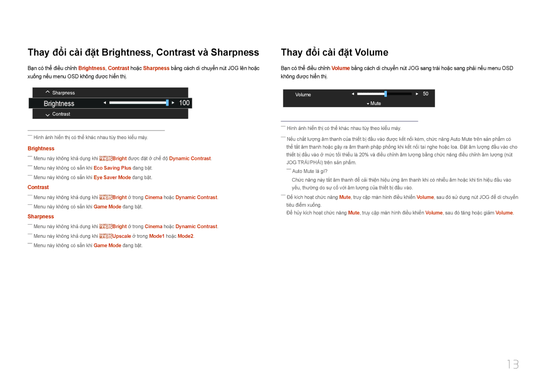 Samsung LC27F591FDEXXV manual Thay đổi cà̀i đặt Brightness, Contrast và̀ Sharpness, Thay đổi cà̀i đặt Volume 