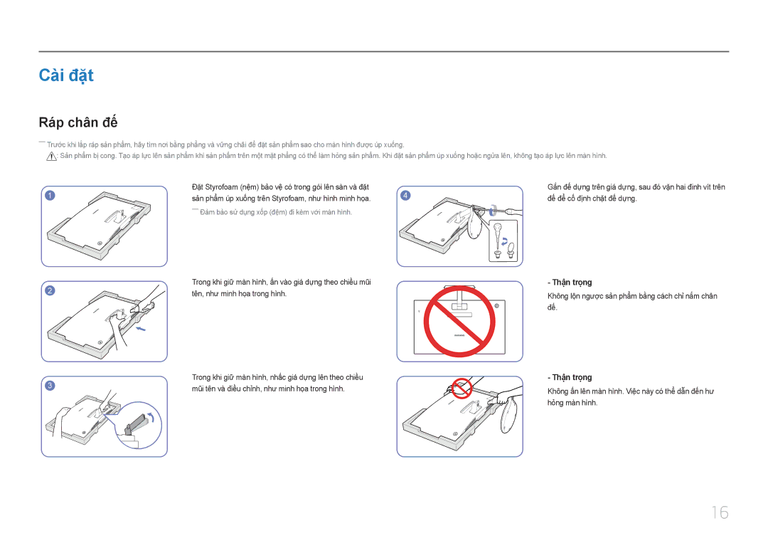 Samsung LC27F591FDEXXV manual Cài đăt, Ráp chân đế, Thận trọng 