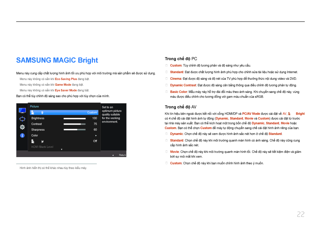 Samsung LC27F591FDEXXV manual Thiết lập màn hình, Samsung Magic Bright 