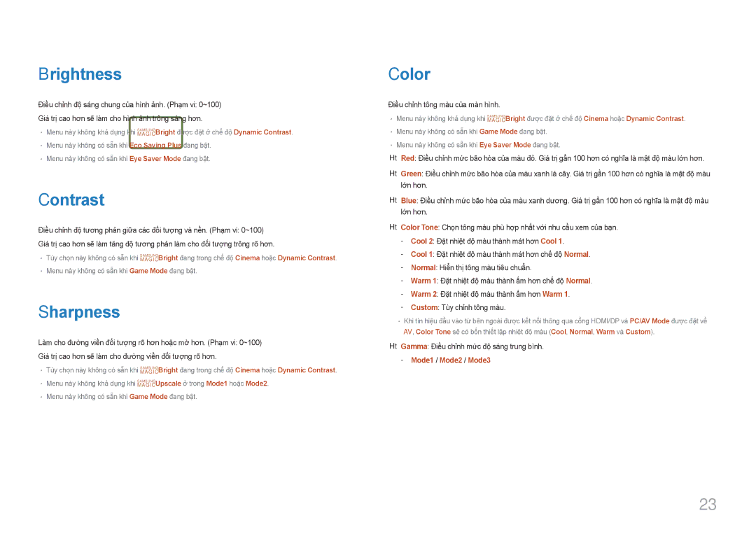 Samsung LC27F591FDEXXV manual Brightness, Contrast, Sharpness, Color 