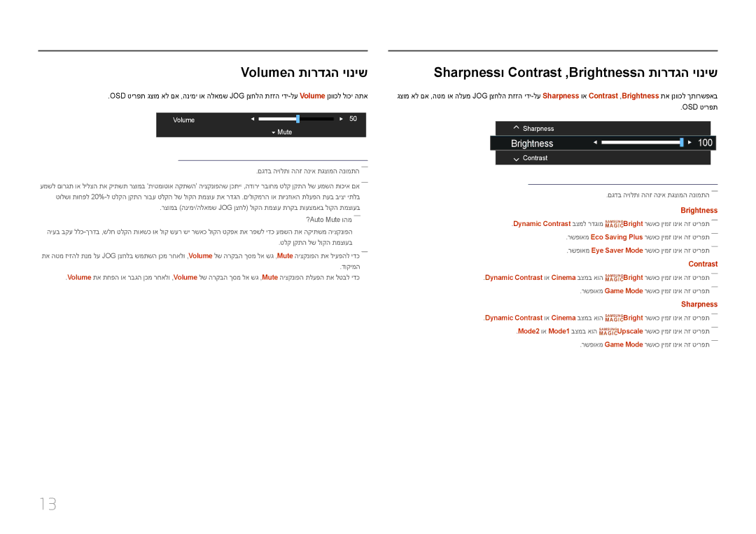 Samsung LC27F591FDMXCH manual Volumeה תורדגה יוניש, Sharpnessו Contrast ,Brightnessה‏ תורדגה יוניש 