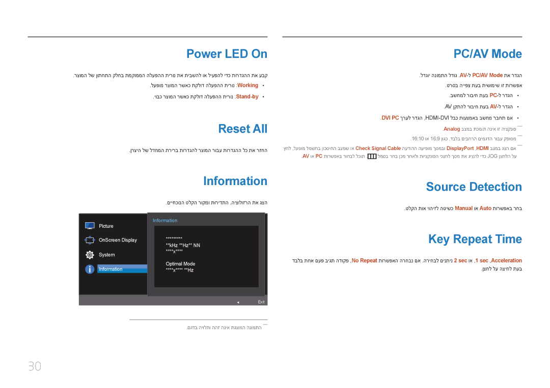 Samsung LC27F591FDMXCH manual Power LED On, Reset All, PC/AV Mode, Information Source Detection 