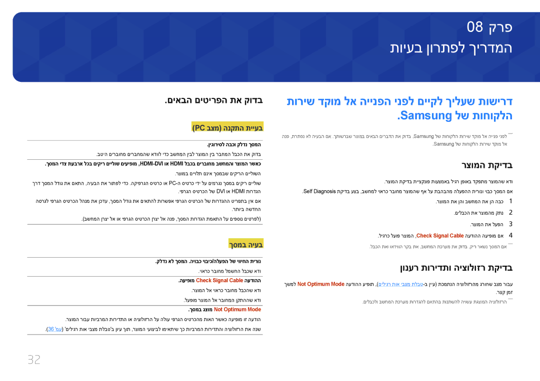 Samsung LC27F591FDMXCH manual תויעב ןורתפל ךירדמה‏, םיאבה םיטירפה תא קודב, רצומה תקידב, ןונער תורידתו היצולוזר תקידב 