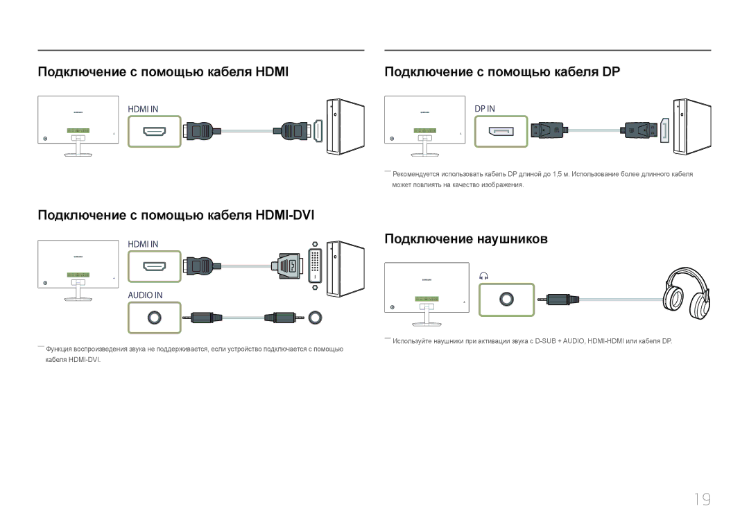 Samsung LC27F591FDIXCI manual Подключение с помощью кабеля Hdmi, Подключение с помощью кабеля DP, Подключение наушников 