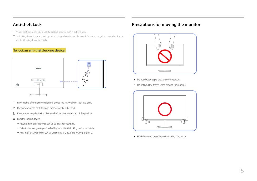 Samsung LC27F591FDUXEN, LC27F591FDMXUE, LC27F591FDEXXV, LC27F591FDIXCI Anti-theft Lock, Precautions for moving the monitor 