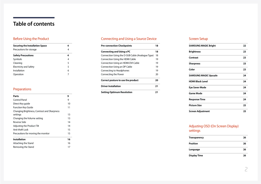 Samsung LC27F591FDEXXV, LC27F591FDUXEN, LC27F591FDMXUE, LC27F591FDIXCI, LC27F591FDMXCH manual Table of contents 