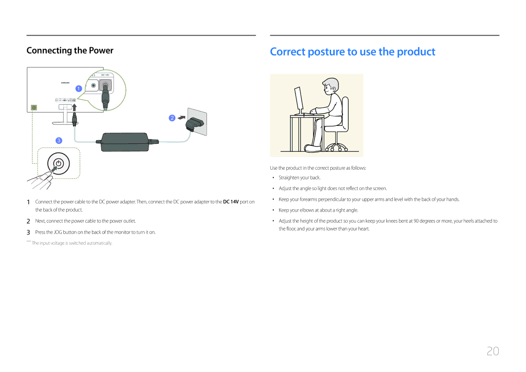 Samsung LC27F591FDUXEN, LC27F591FDMXUE, LC27F591FDEXXV manual Correct posture to use the product, Connecting the Power 