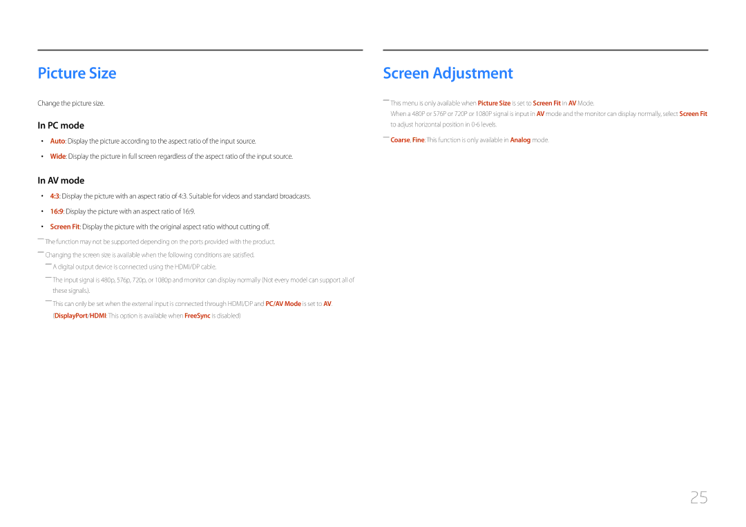 Samsung LC27F591FDUXEN, LC27F591FDMXUE, LC27F591FDEXXV manual Picture Size, Screen Adjustment, Change the picture size 