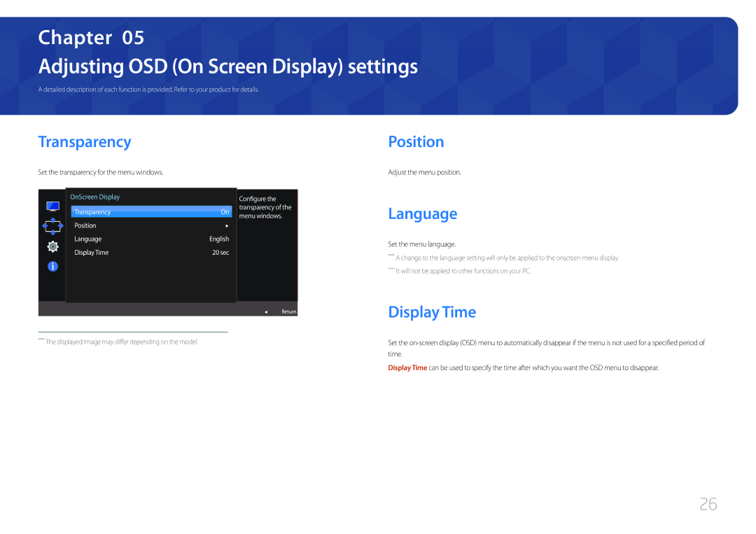 Samsung LC27F591FDMXUE manual Adjusting OSD On Screen Display settings, Transparency, Position, Language, Display Time 