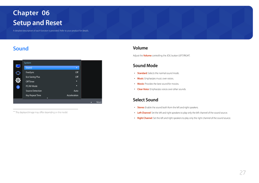 Samsung LC27F591FDEXXV, LC27F591FDUXEN, LC27F591FDMXUE, LC27F591FDIXCI Setup and Reset, Volume, Sound Mode, Select Sound 