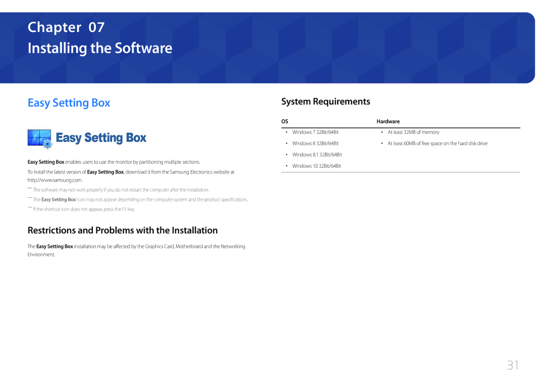 Samsung LC27F591FDMXUE manual Installing the Software, Easy Setting Box, Restrictions and Problems with the Installation 