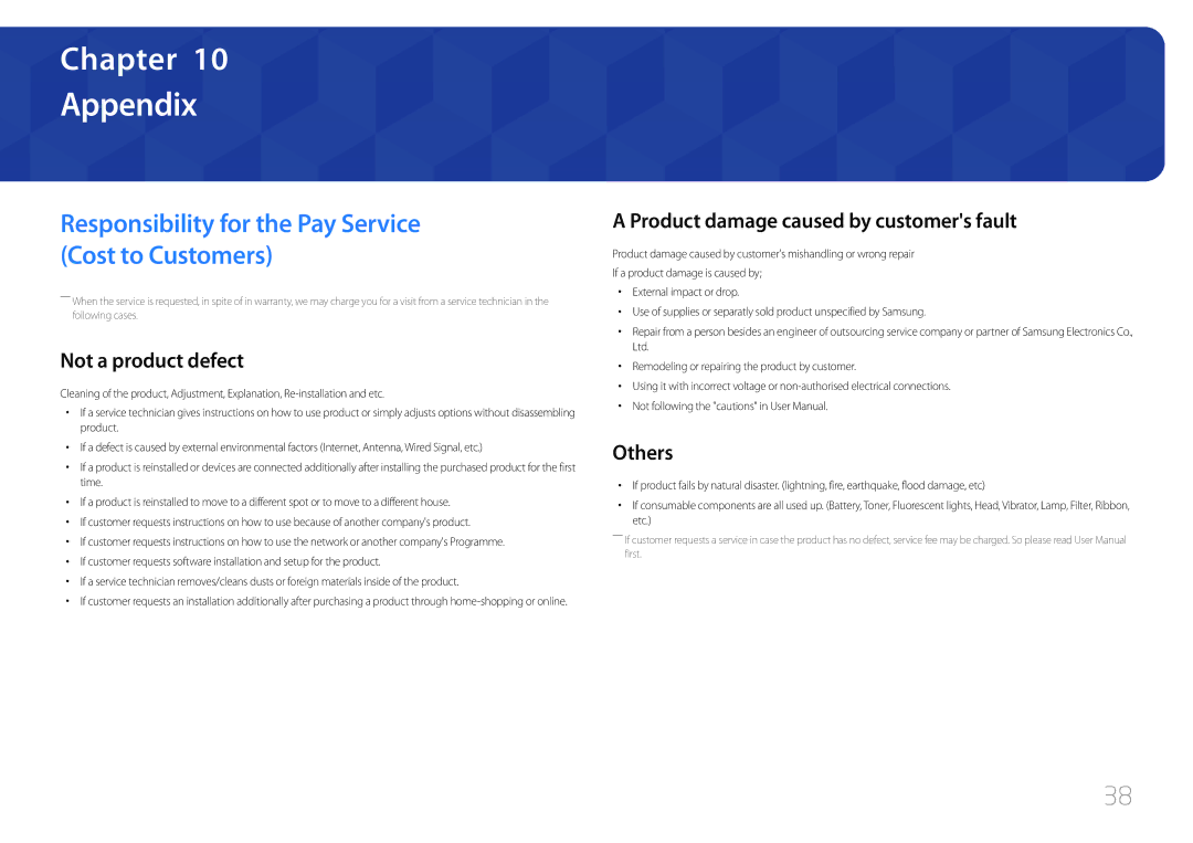 Samsung LC27F591FDIXCI manual Appendix, Responsibility for the Pay Service Cost to Customers, Not a product defect, Others 