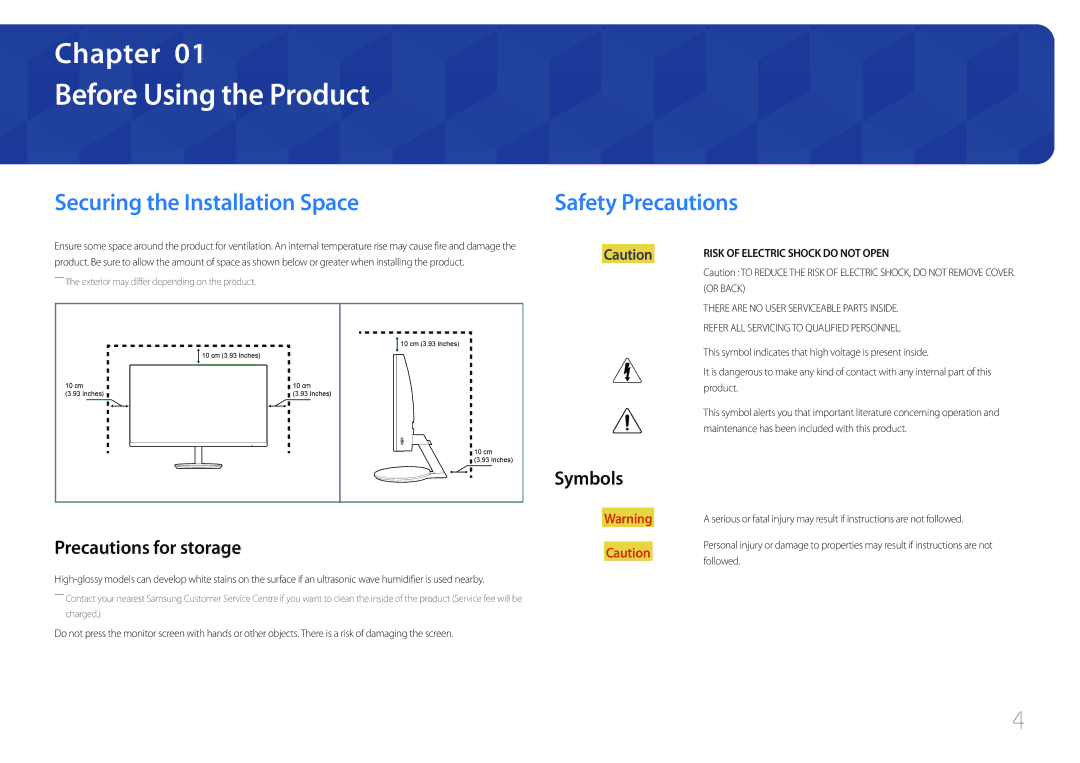 Samsung LC27F591FDMXCH manual Before Using the Product, Securing the Installation Space, Safety Precautions, Symbols 