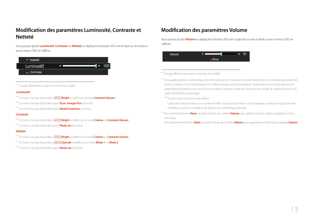 Samsung LC27F591FDUXEN Modification des paramètres Luminosité, Contraste et Netteté, Modification des paramètres Volume 