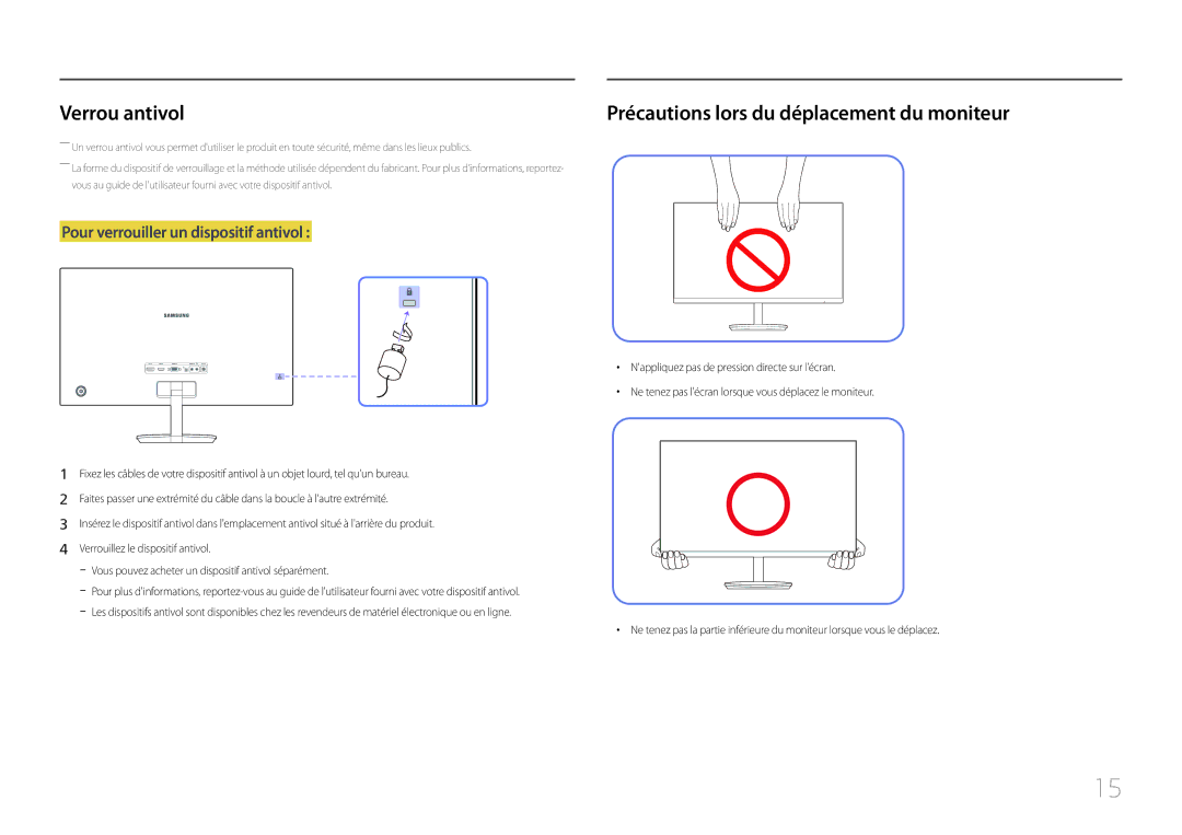 Samsung LC27F591FDUXEN manual Verrou antivol, Précautions lors du déplacement du moniteur 