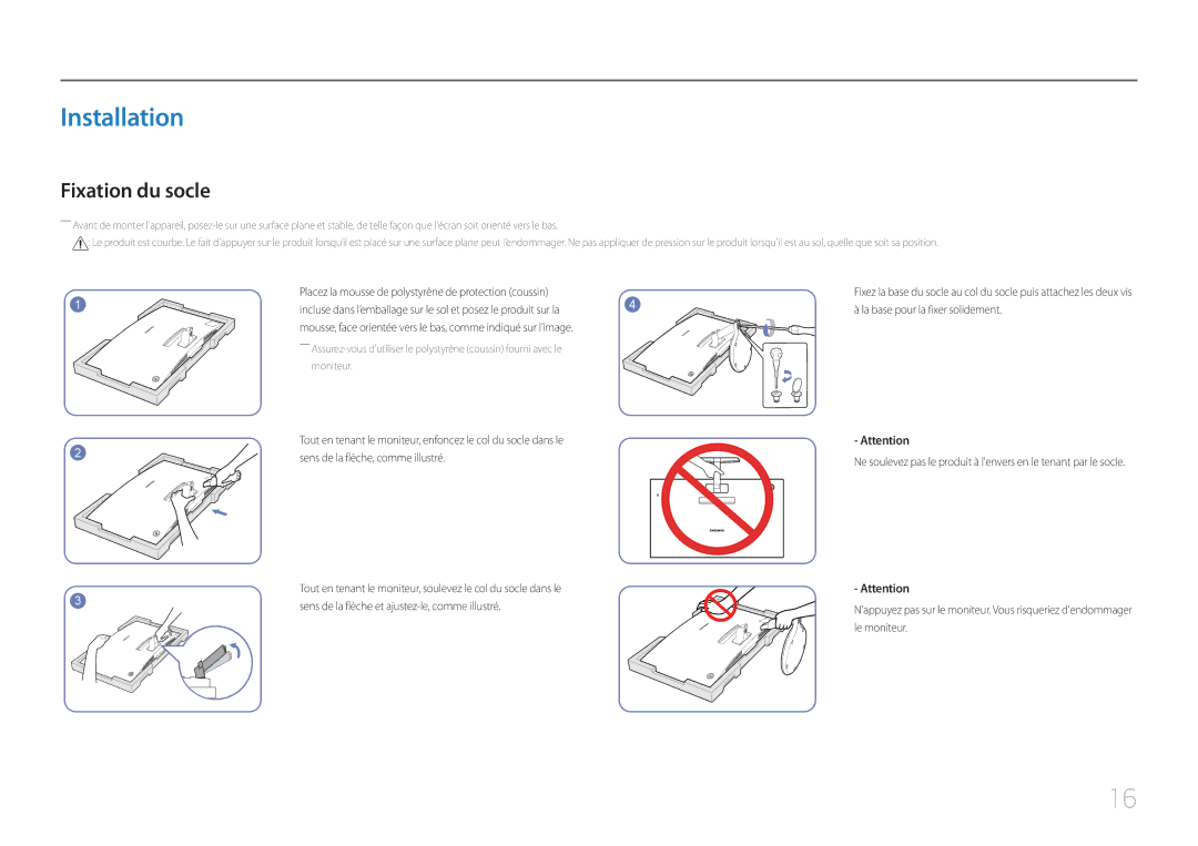 Samsung LC27F591FDUXEN manual Installation, Fixation du socle 