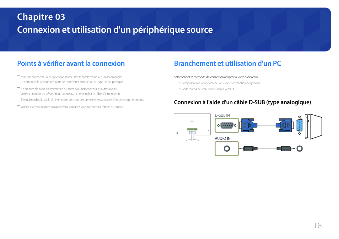 Samsung LC27F591FDUXEN manual Connexion et utilisation dun périphérique source, Points à vérifier avant la connexion 