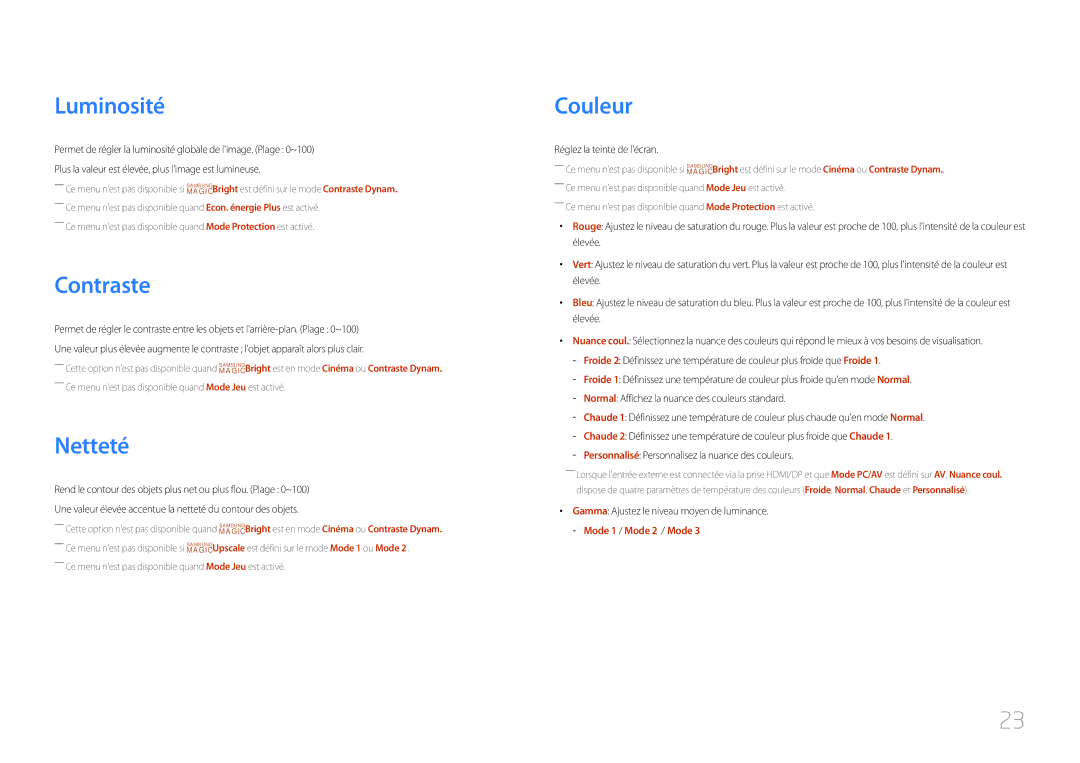 Samsung LC27F591FDUXEN manual Luminosité, Contraste, Netteté, Couleur 