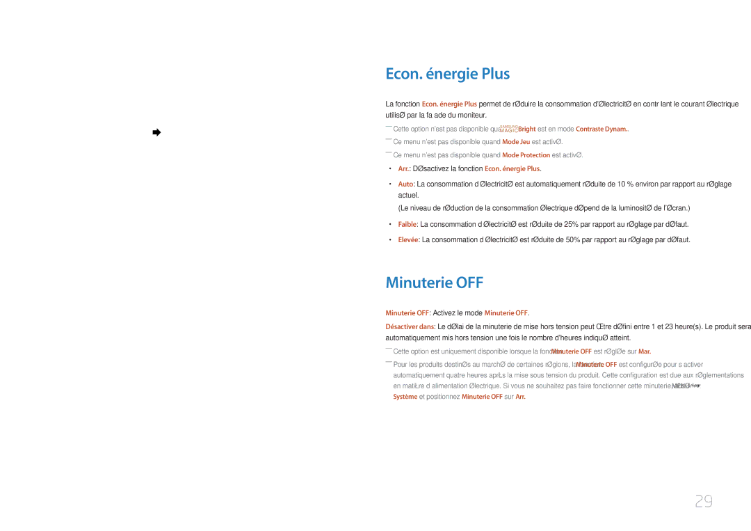 Samsung LC27F591FDUXEN manual Econ. énergie Plus, Minuterie OFF 