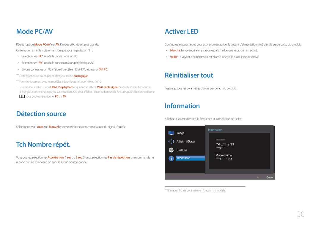 Samsung LC27F591FDUXEN manual Mode PC/AV, Détection source, Activer LED, Réinitialiser tout, Information, Tch Nombre répét 