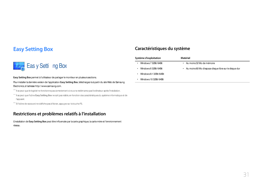 Samsung LC27F591FDUXEN Installation du logiciel, Easy Setting Box, Restrictions et problèmes relatifs à linstallation 