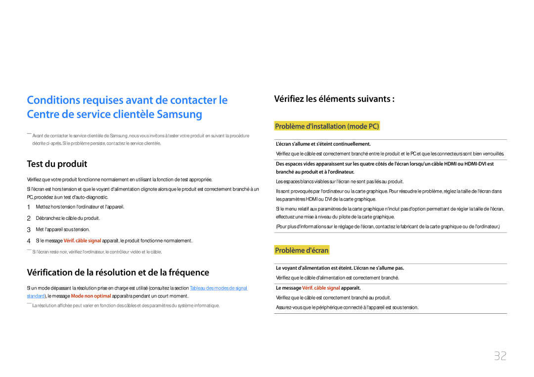 Samsung LC27F591FDUXEN manual Guide de dépannage, Test du produit, Vérification de la résolution et de la fréquence 