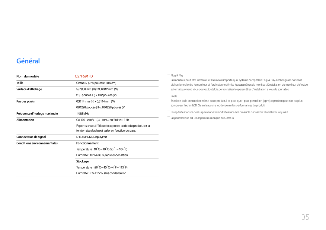 Samsung LC27F591FDUXEN manual Caractéristiques techniques, Général 