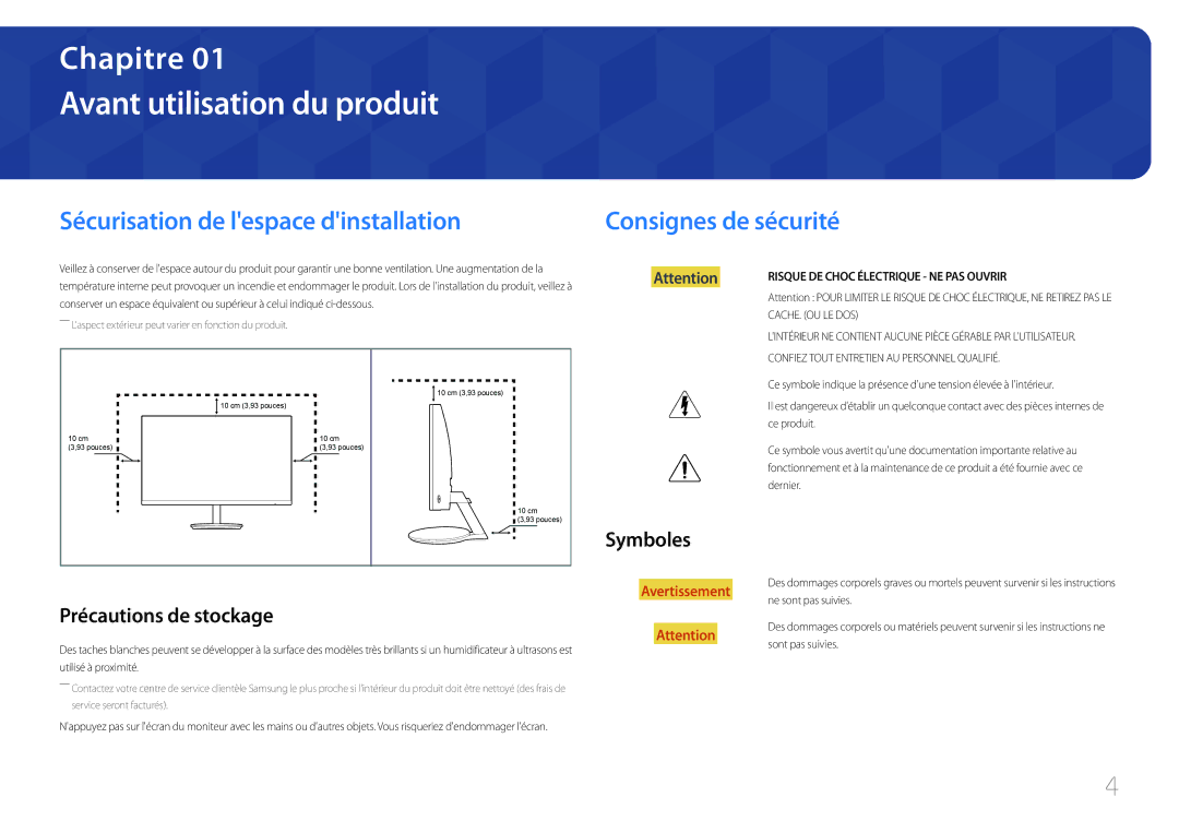 Samsung LC27F591FDUXEN Avant utilisation du produit, Sécurisation de lespace dinstallation Consignes de sécurité, Symboles 