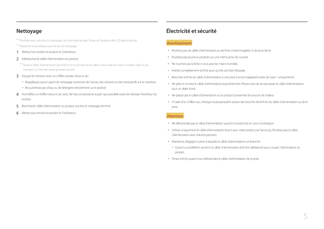 Samsung LC27F591FDUXEN manual Nettoyage, Électricité et sécurité 